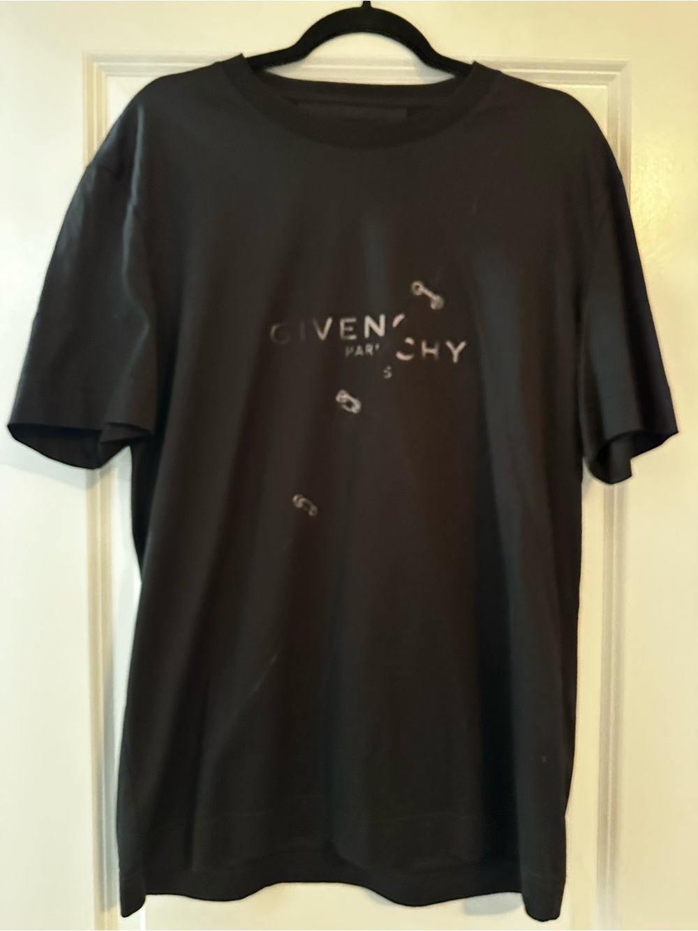 Givenchy Black Short-Sleeve Logo Tee with Safety Pin Motif